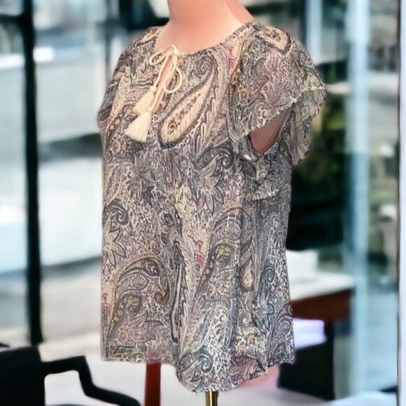 LUCKY BRAND NWT  EMILIA WOMENS TOP BLOUSE SMALL BLUE PAISLEY FLORAL PRINT - Picture 2 of 9